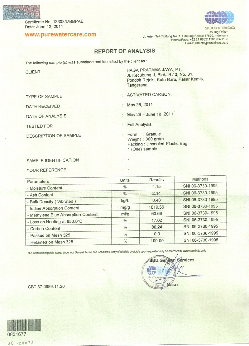 COA karbon aktif iodine number 1000