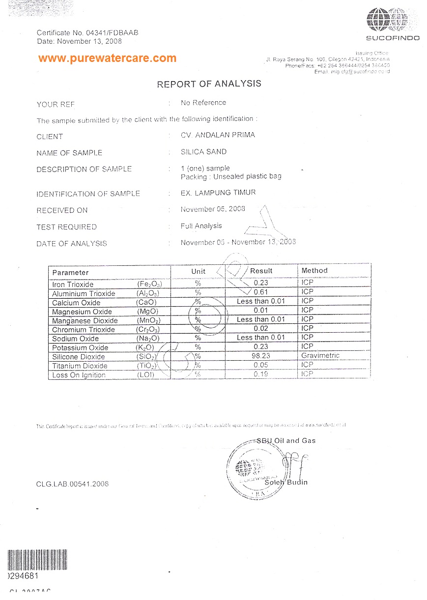 Sertifikat (COA) pasir silika