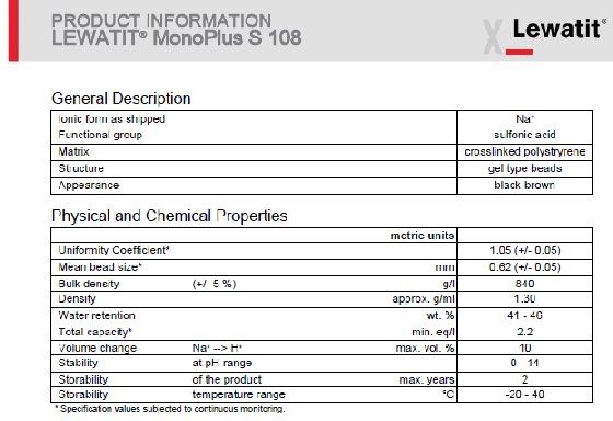 Spesifikasi Resin Kation Lewatit Monoplus S108