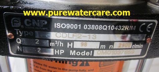 Spesifikasi Pompa CNP Centrifugal Pump 2 HP CDLF2-13 Tampak Name Plate Pompa
